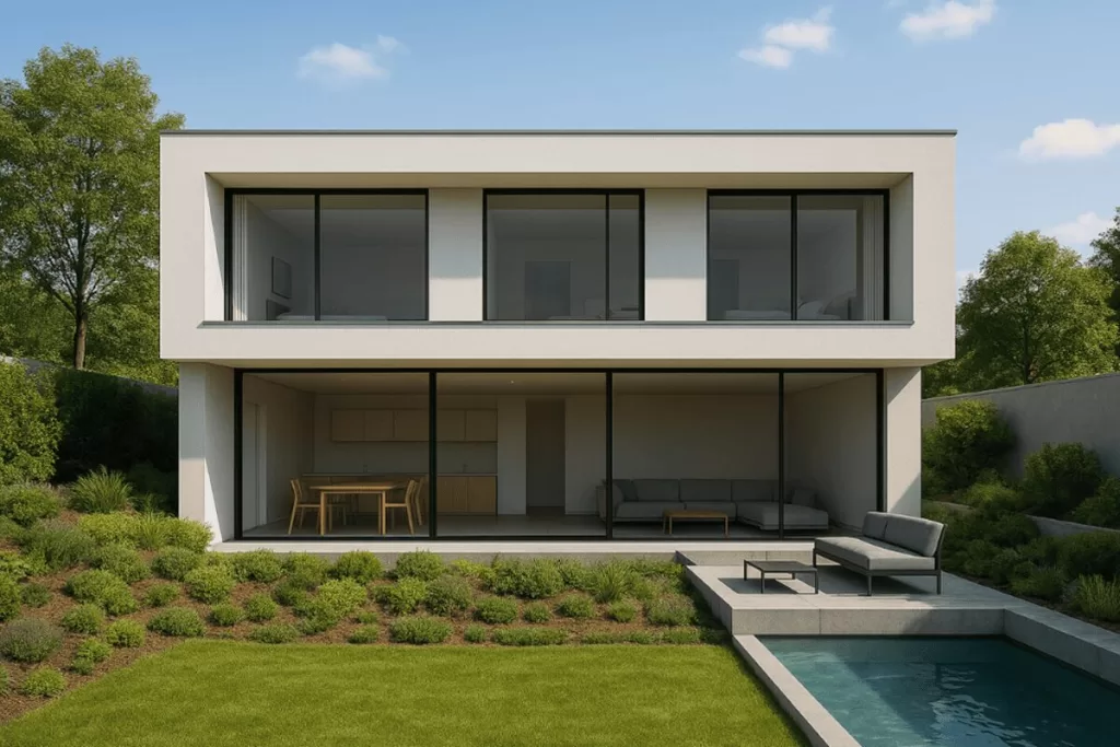 Terreno em declive com paisagismo, que desce até uma casa moderna de dois andares com grandes janelas de vidro e piscina.