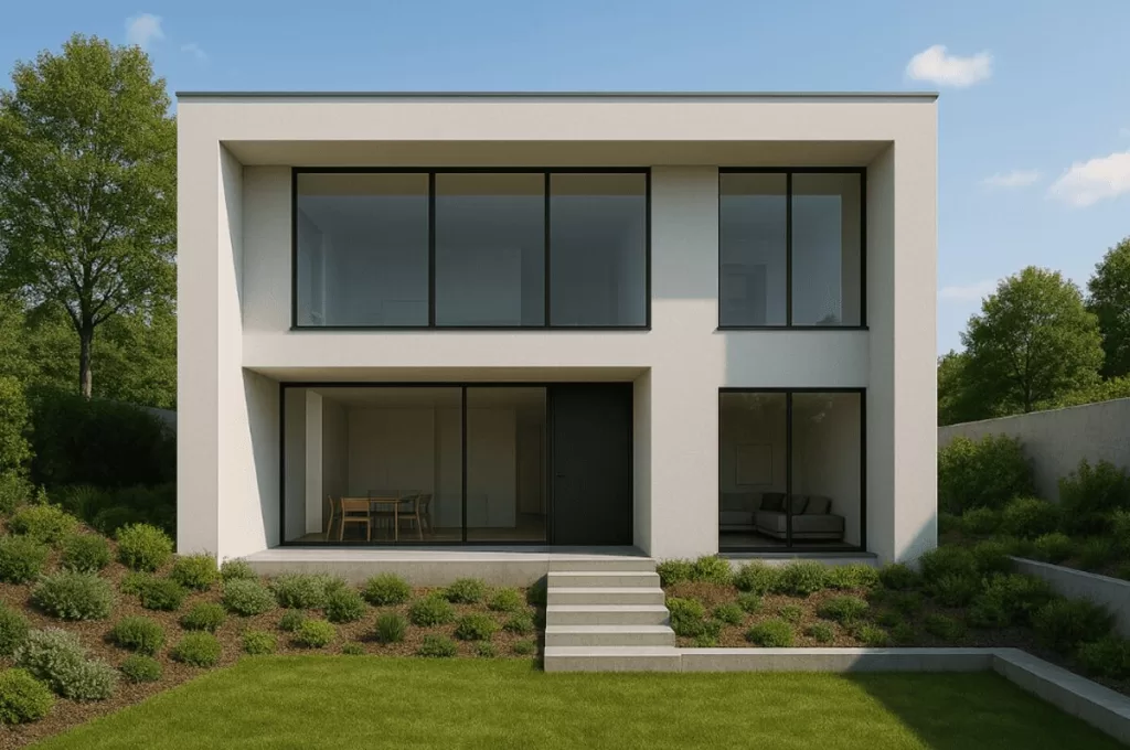 Terreno em declive com paisagismo, gramado e uma escada de concreto que leva a uma casa moderna de dois andares com janelas de vidro.