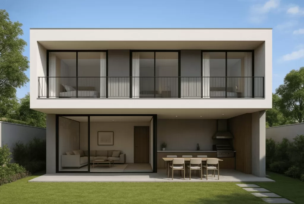 Casa moderna de dois andares com janelas grandes e escadas na frente, construída em um terreno em declive com paisagismo.