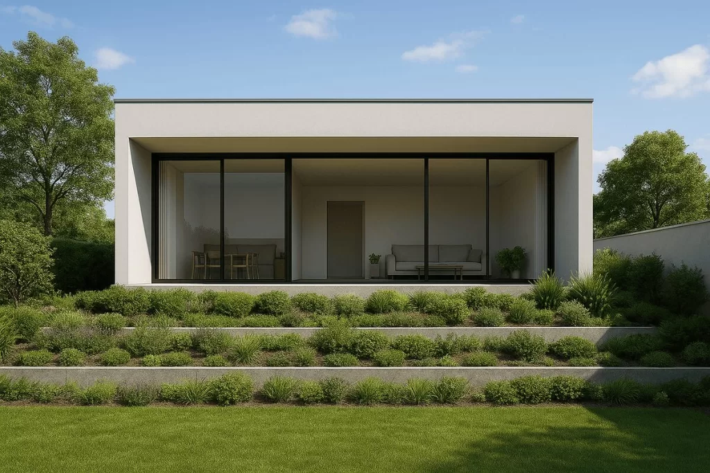 Casa moderna de andar único com grandes janelas de vidro, construída em um terreno em declive com patamares e arbustos na frente.