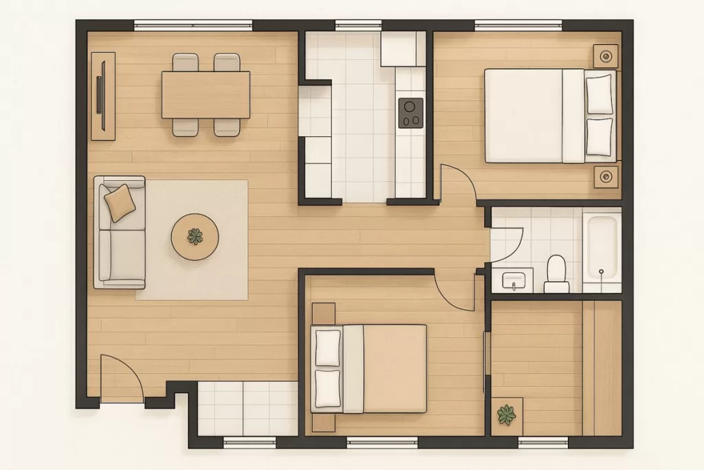 Vista aérea da planta baixa de um apartamento, destacando o layout com dois quartos, um banheiro, sala e cozinha americana. A imagem ilustra um projeto com 2 quartos e cozinha americana.