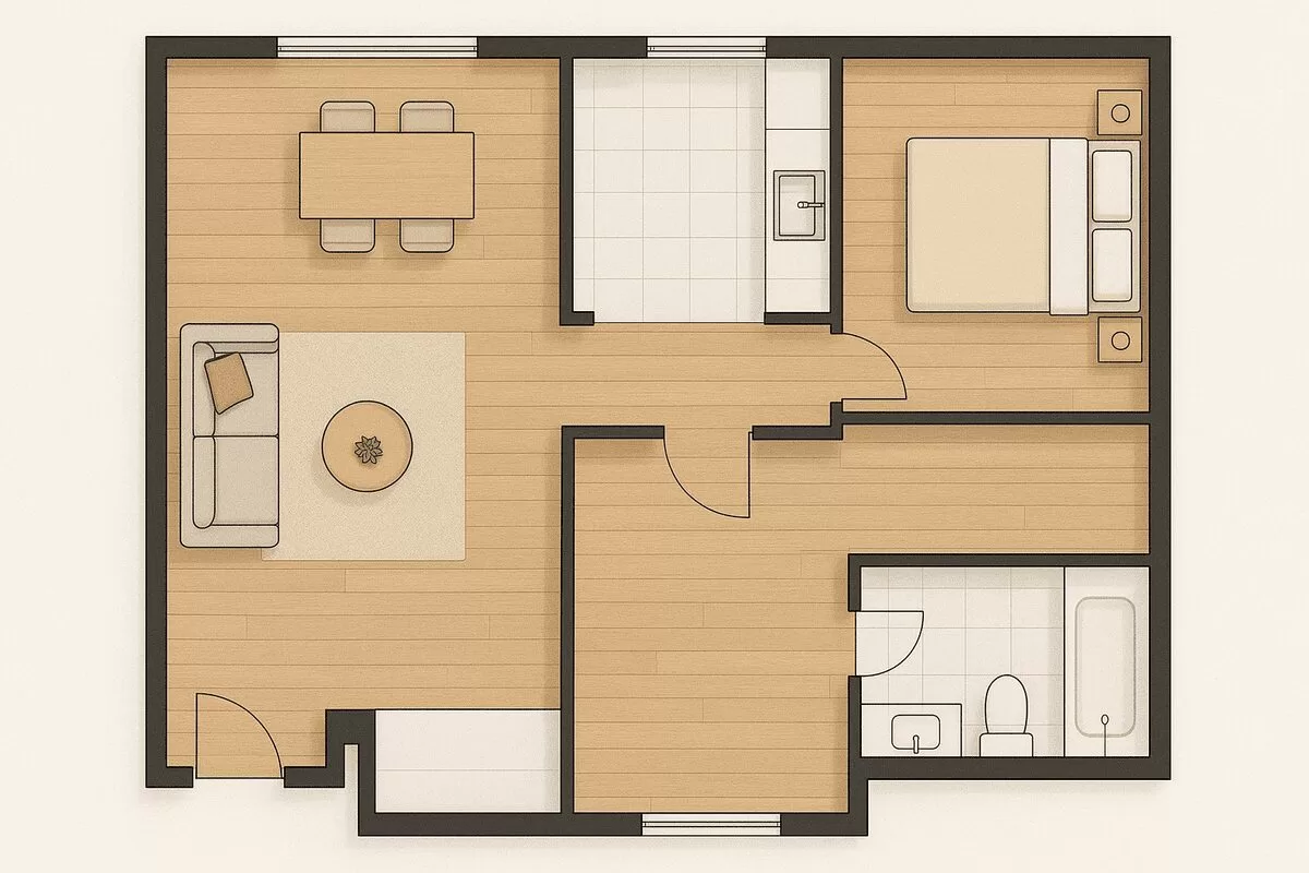 Representação de uma planta baixa de um apartamento, destacando o layout de um projeto com 1 quarto e cozinha americana com sala e banheiro.