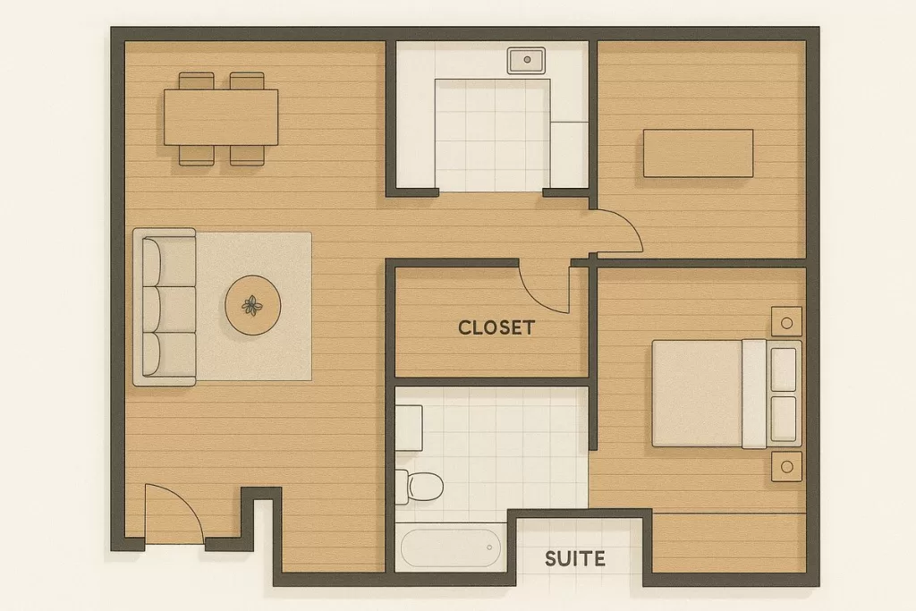 Vista aérea de uma planta baixa de apartamento com sala de jantar, cozinha, sala de estar, quarto, banheiro e closet. A imagem representa um Projeto com 1 suíte e closet.