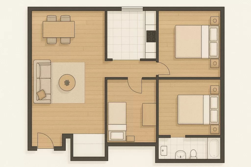 Representação em planta baixa de um apartamento, destacando o layout com sala, cozinha americana, banheiro e três quartos. A imagem ilustra um Projeto com 3 quartos e cozinha americana.