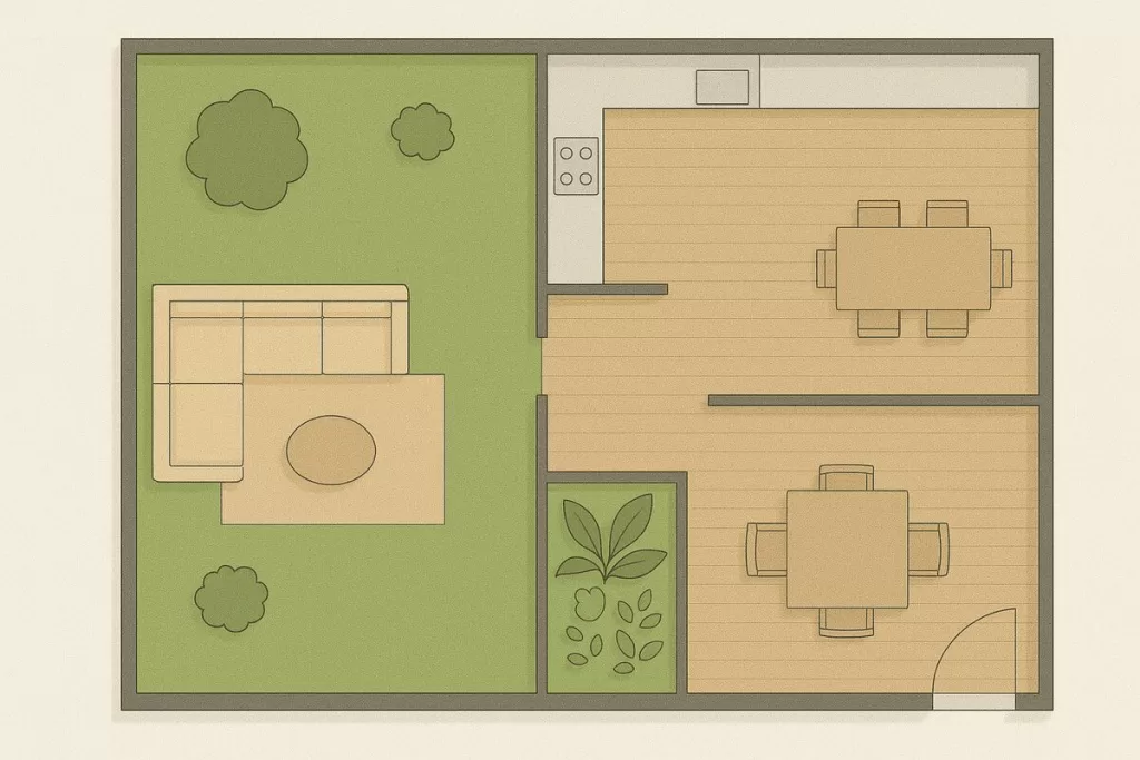 Planta baixa de uma casa, com duas salas, uma cozinha e um banheiro. No canto superior esquerdo, uma área verde, com arbustos. A imagem é um projeto com área verde e jardim de inverno.