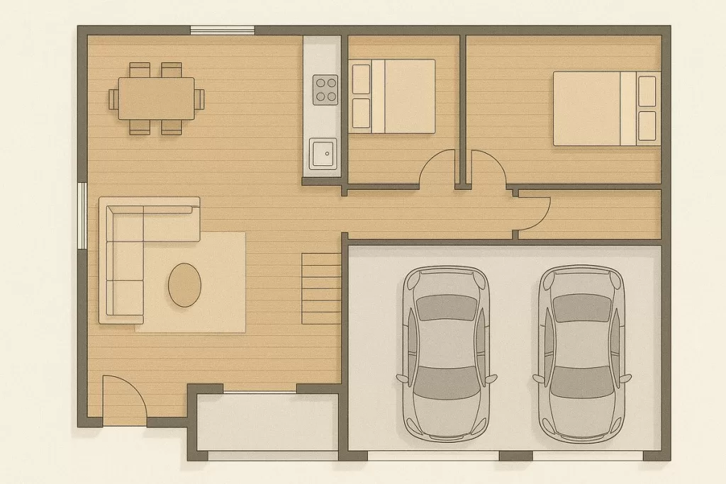 Planta baixa de uma residência com sala, cozinha e dois quartos. A imagem ilustra o layout de um projeto com garagem para 2 carros.