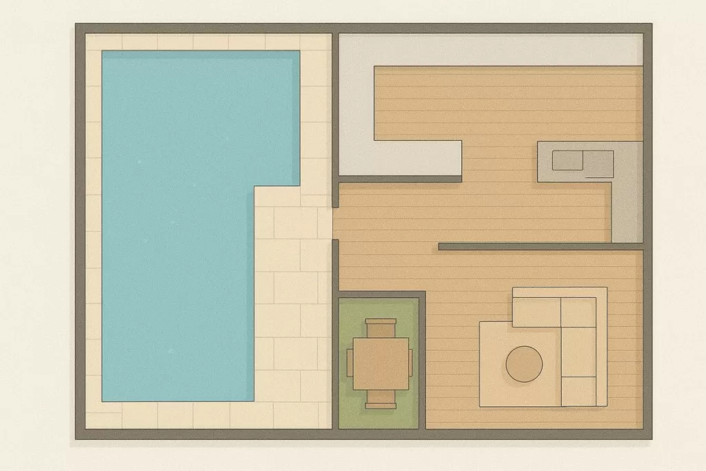 O desenho mostra uma sala, uma área de jantar e um espaço externo com piscina. A imagem ilustra um projeto com piscina e área gourmet.