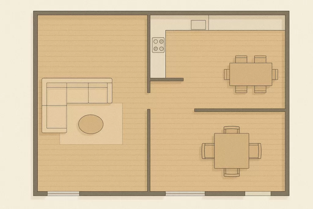 Representação em planta baixa de um apartamento, destacando o layout com sala, cozinha e sala de jantar, em um projeto com sala e cozinha integrados.