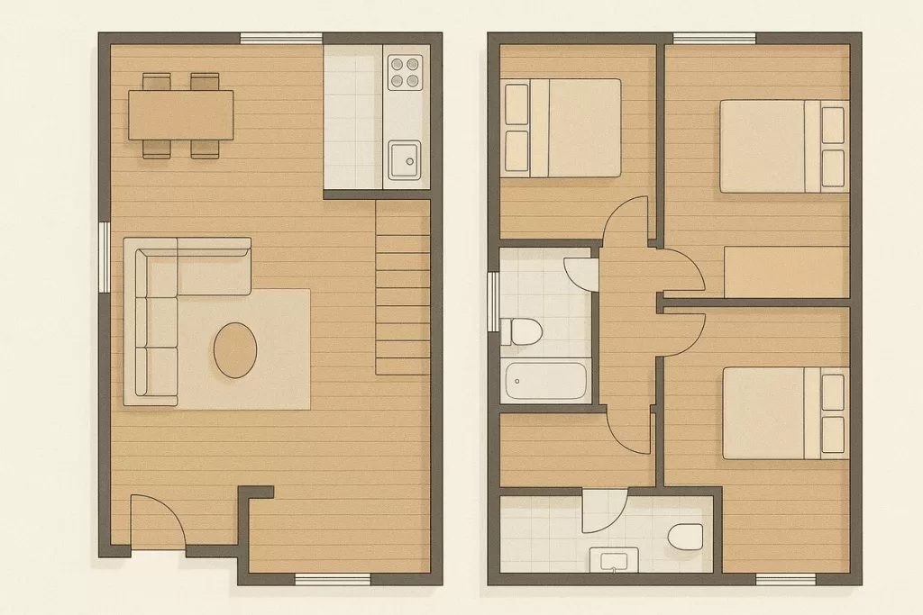 Análise de uma planta baixa de um sobrado, com dois pavimentos. No inferior, a sala de estar, sala de jantar e cozinha. No superior, quartos. A imagem representa um projeto de sobrado pequeno com 3 quartos.