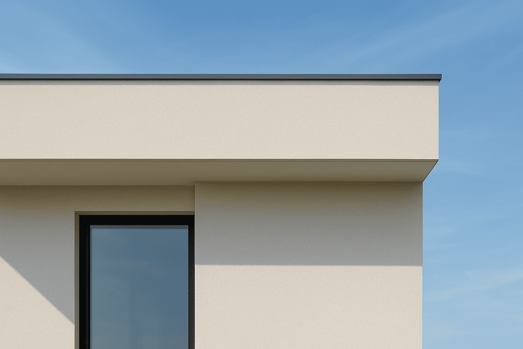 
Detalhe de um canto da fachada da casa moderna, com revestimento bege, uma janela emoldurada de preto e o céu azul no fundo.