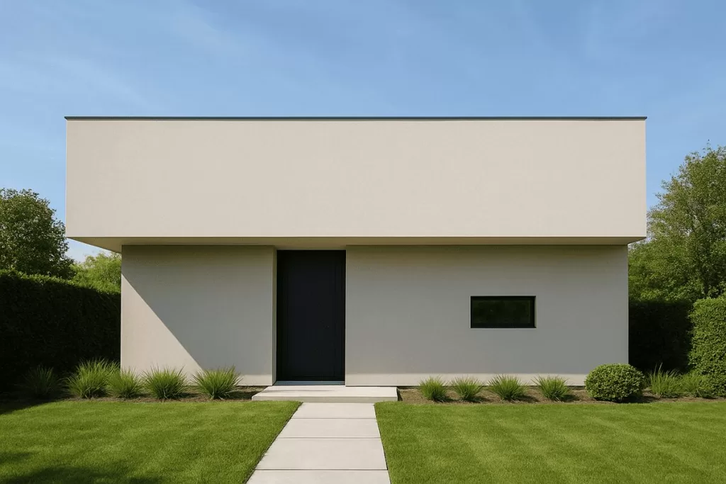 
Fachada de casa moderna e minimalista, com revestimento bege, porta preta, uma pequena janela e um caminho de cimento em um gramado.