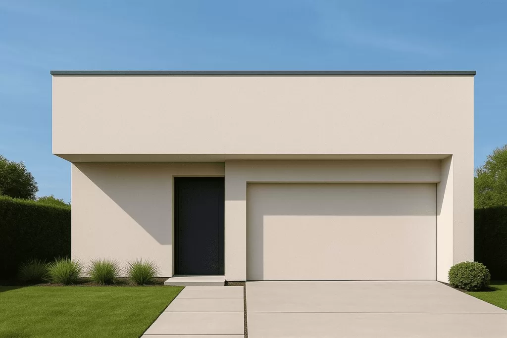 Fachada da casa moderna de um andar com revestimento bege claro, porta de entrada preta e garagem de grandes dimensões.
