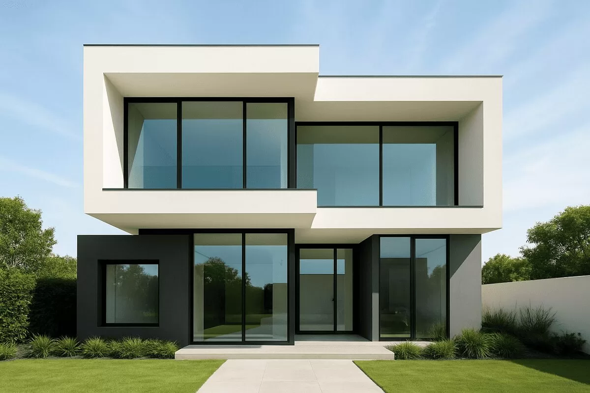 
Imagem da fachada da casa moderna de dois andares, com design minimalista, grandes janelas e áreas em preto e branco.