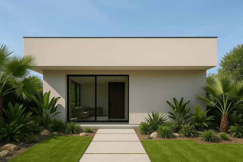 Fachada da casa moderna de um único andar, com porta de vidro, caminho de pedra e um jardim com um lindo projeto de paisagismo.