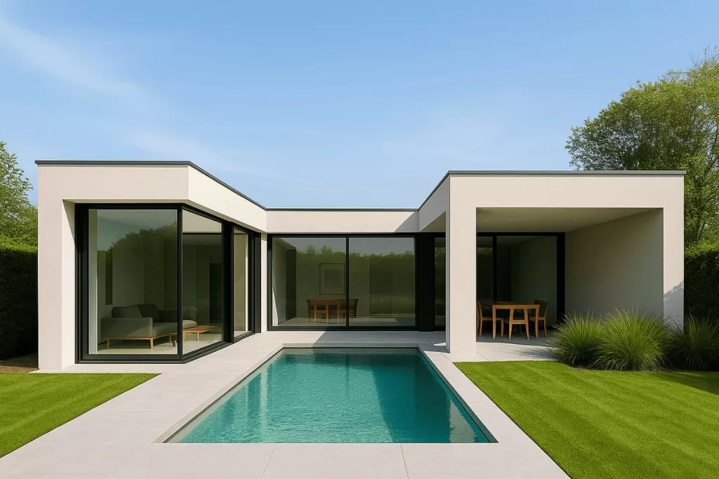 
Piscina com gramado ao redor e uma fachada da casa moderna em formato de L, com janelas de vidro que refletem a luz natural.