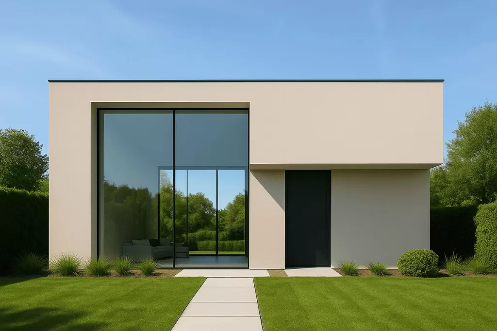 
Fachada da casa moderna e pequena, com grandes janelas de vidro refletivas, porta de entrada preta e um gramado bem cuidado.