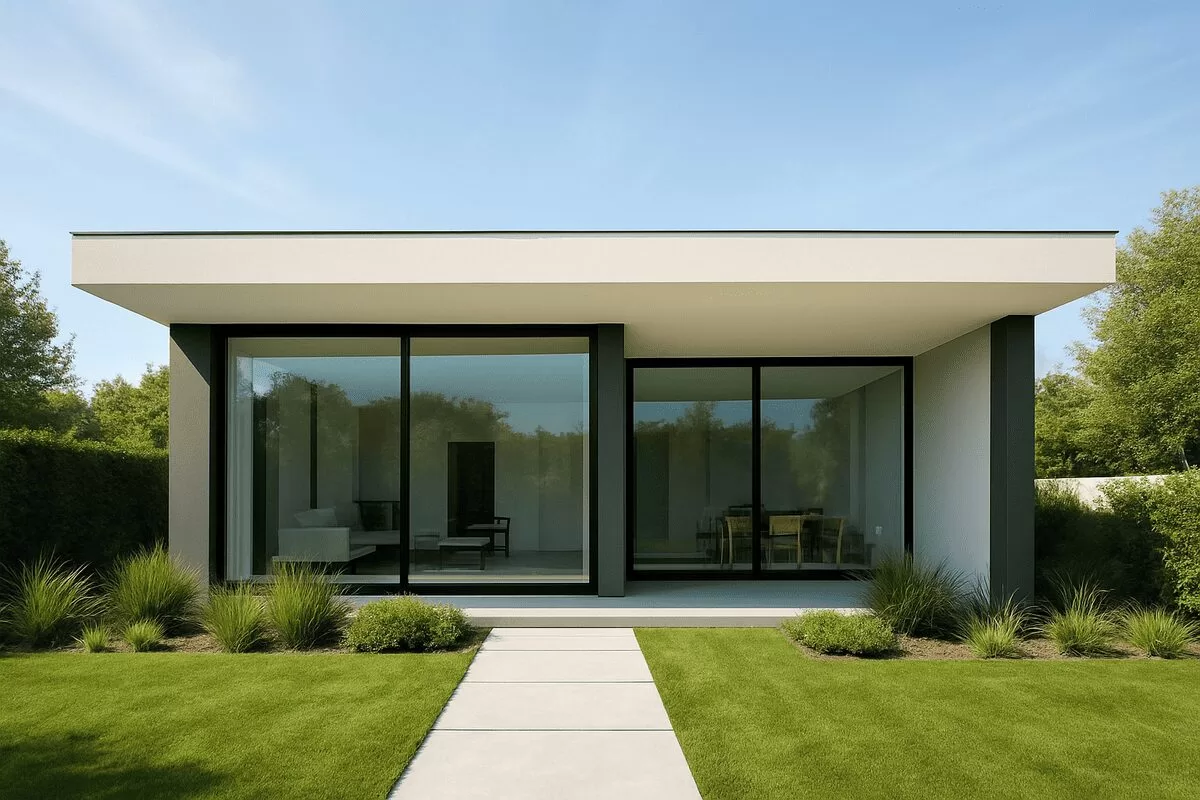 
Imagem da fachada da casa moderna e térrea, com linhas simples, grandes portas de vidro e um jardim bem cuidado à frente.