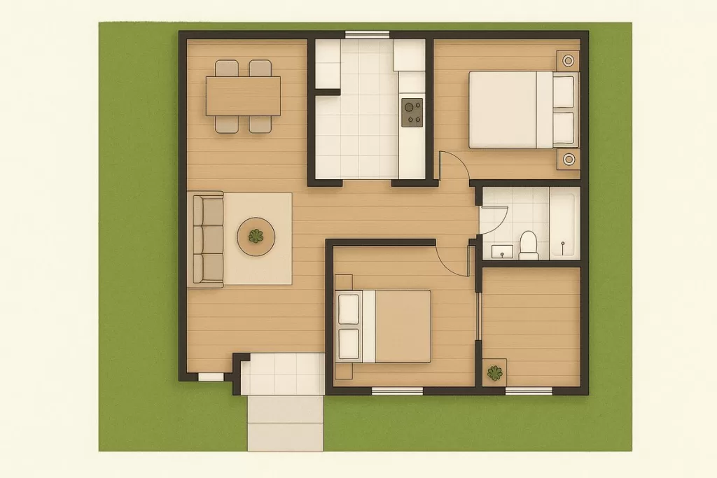 Representação em planta baixa de uma casa com sala de estar, cozinha, banheiro e dois quartos, ocupando um meio lote. A imagem mostra um projeto para casas em meio lote.