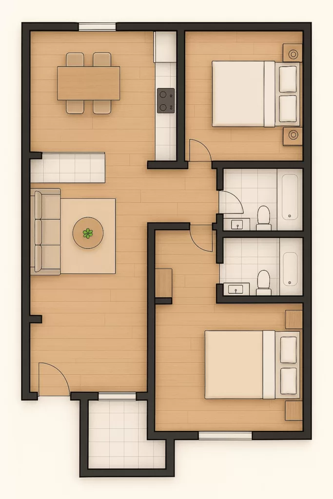 Visão aérea da planta baixa de um apartamento, destacando o layout com sala, cozinha, dois quartos e dois banheiros. A imagem ilustra projetos com mais de um banheiro.